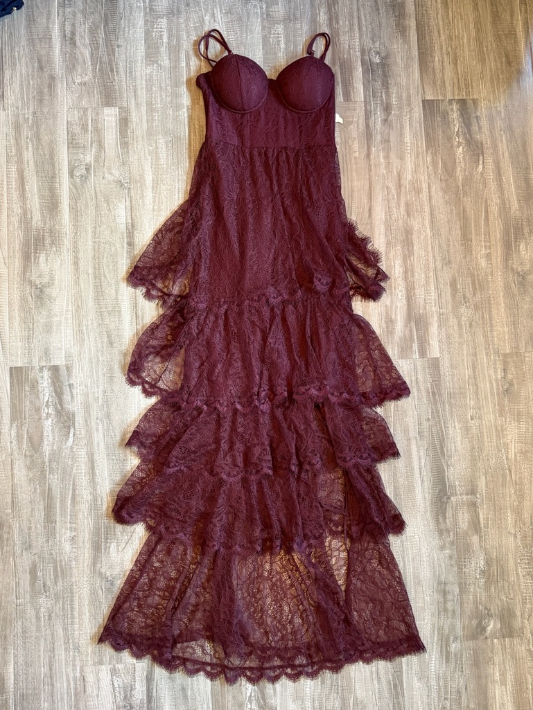 Altar'd State Burgundy Lace Tiered Maxi Dress With Built-In Cups
